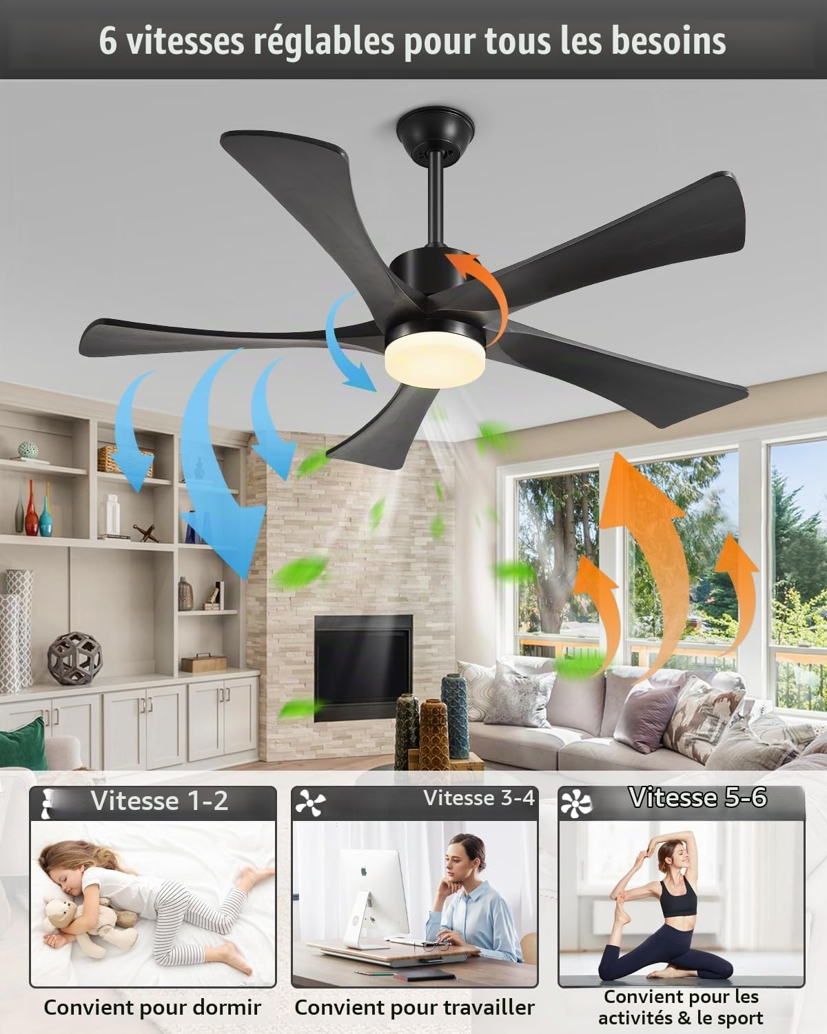 132cm Ventilateur Plafond Avec Lumière Et Télécommande 5 Pales Bois Noir