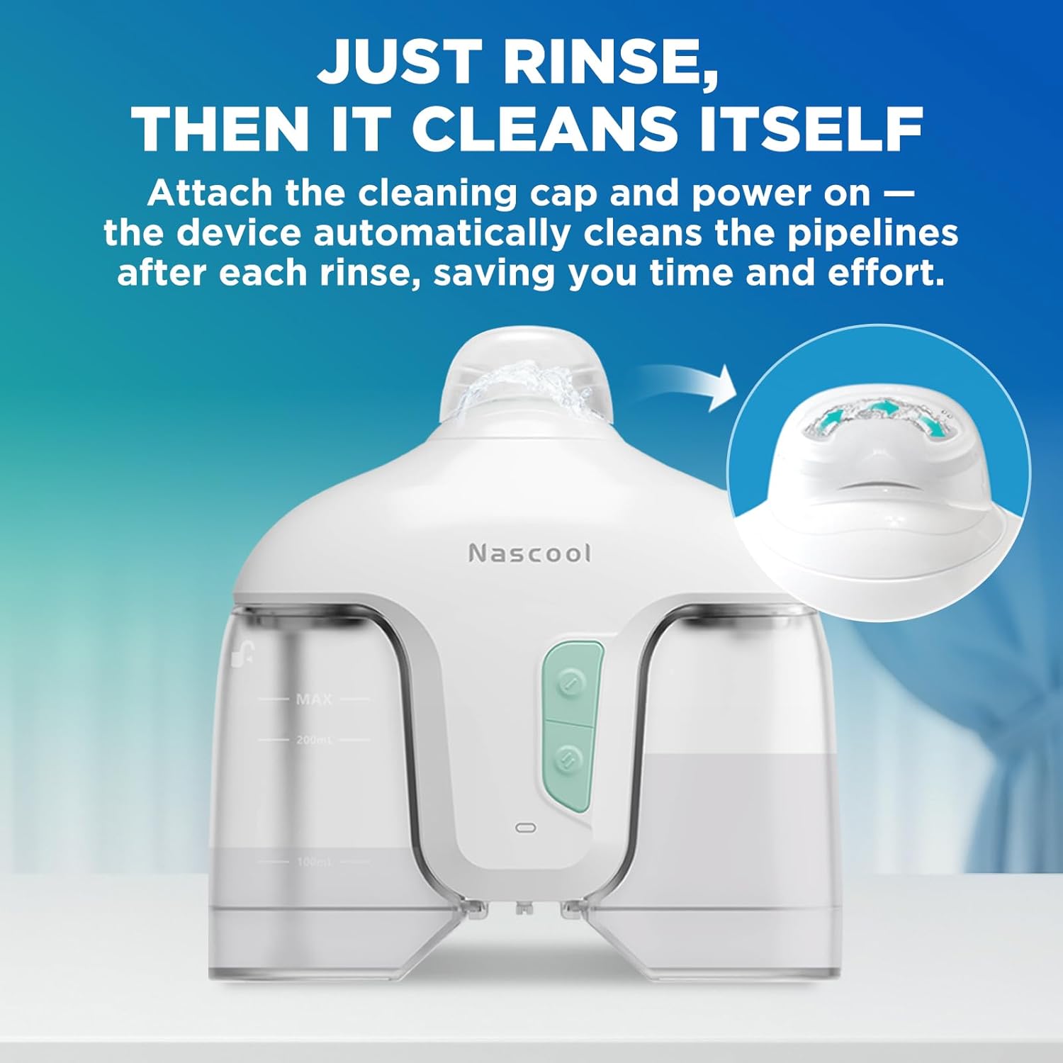 Nascool Electric Nasal Irrigation System demonstrating self-cleaning