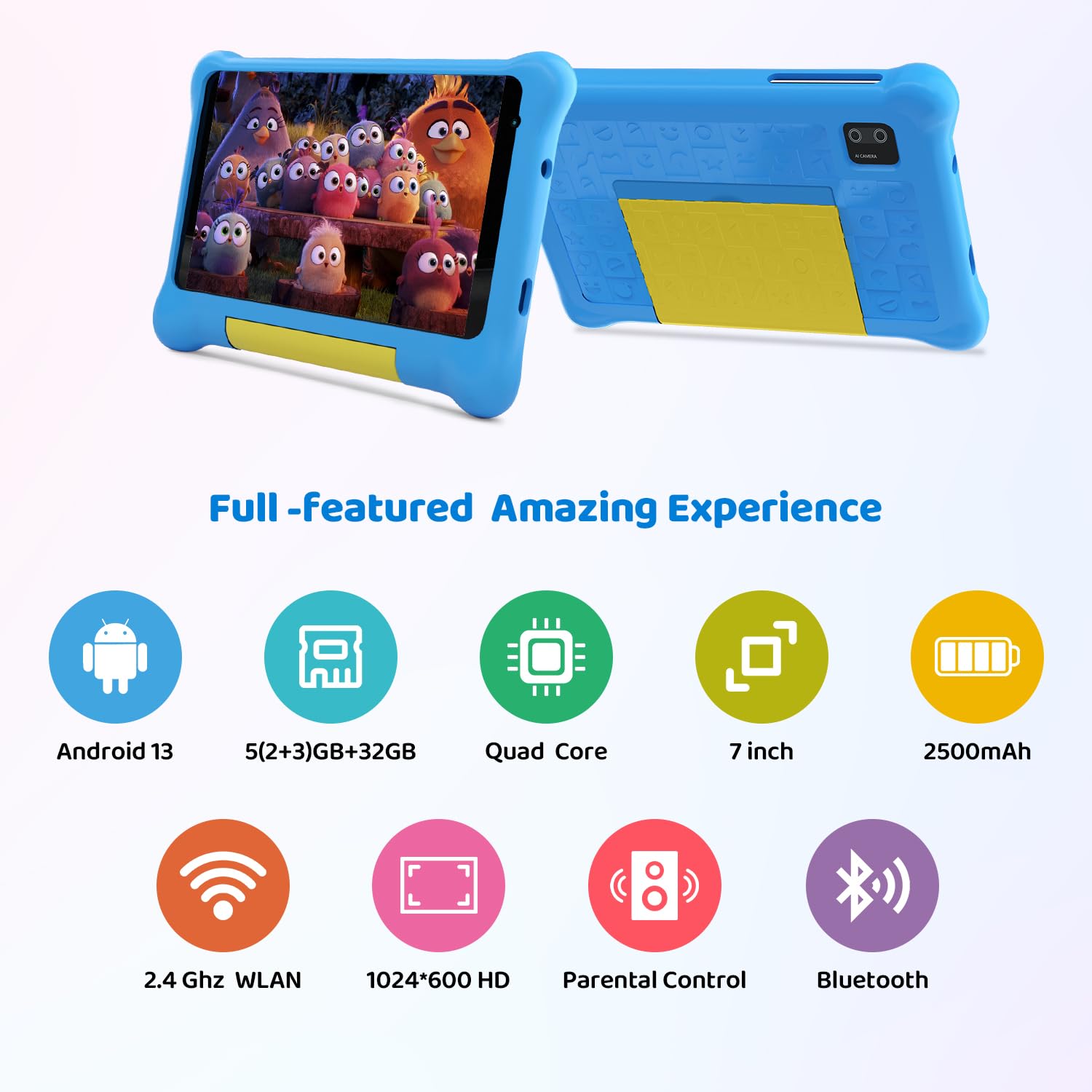 Gleeso Tablet Bambini 7 Pollici Android Tablet con Controllo Parentale, Kids Tablets 32GB+128GB TF, Kids Pre-Installato, Doppia Fotocamera,Tablet con Protettiva Antiurto Custodia(Blu)