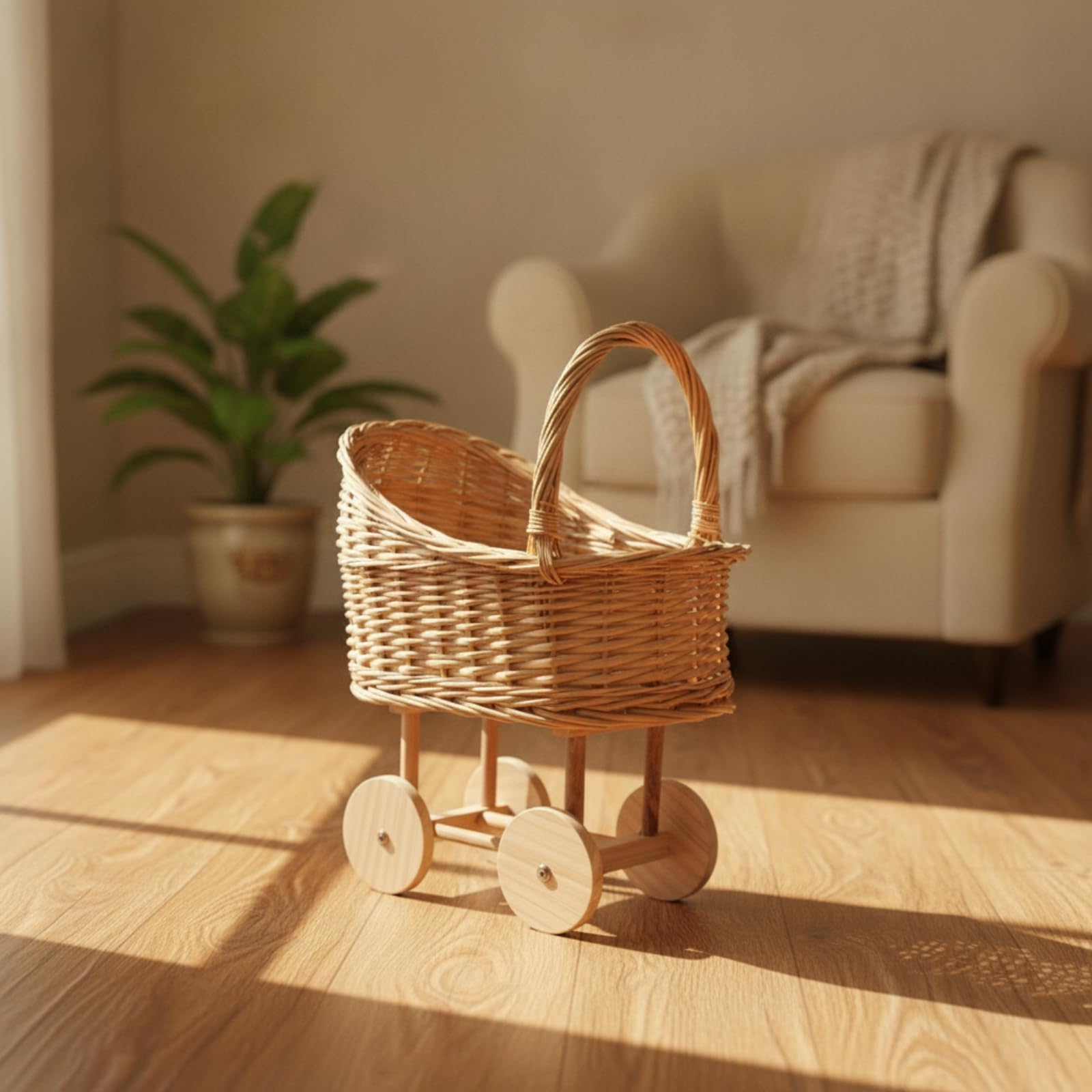 Panier Poussette Vintage en Osier Tressé Chariot Rotin Panier Bercelonnette Style Porte Bébés Poignée Haute Détails Apparents pour Vintage, Grand