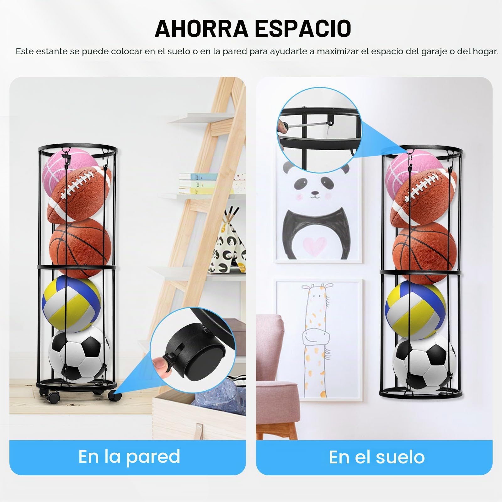 Soporte de Pared para Pelotas de Fútbol, Organizador de Garaje para Equipos Deportivos, Soporte Desmontable con Ruedas y Almacenamiento de Bolas