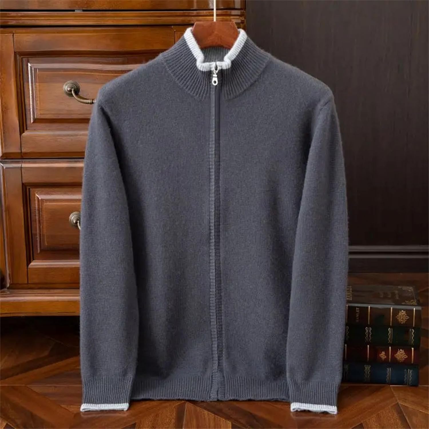 Men's Cashmere Cardigan Thick Knitted Stand up Collar Zipper Sweater Loose Plus Jumper Wool Splicing Sweater Tops