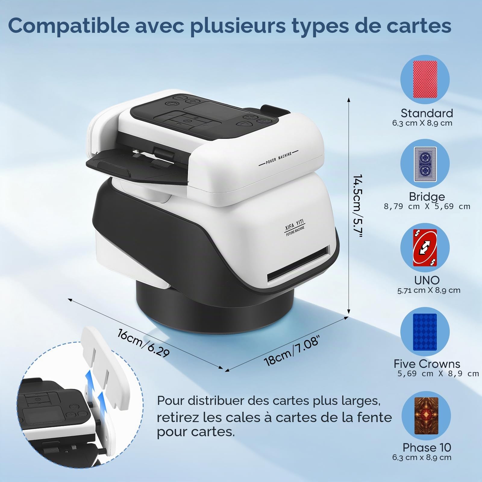 Mélangeur de cartes automatique 2-en-1 et machine à distribuer pour 2-8 joueurs, rotation à 360 degrés, dés intégrés, batterie 5000mAh, 5 modes de jeu pour Texas Hold'em et Blackjack (2-EN-1