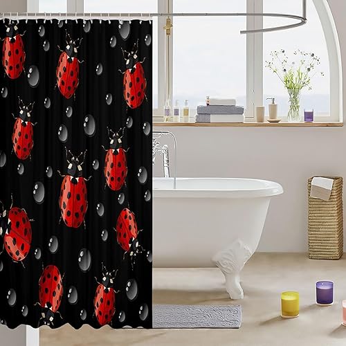 Miniatura 3 de Cortina de ducha impermeable de 72 pulgadas de ancho x 78 pulgadas de largo, cortina de ducha de mariquitas rojas para niños, bonita cortina de baño