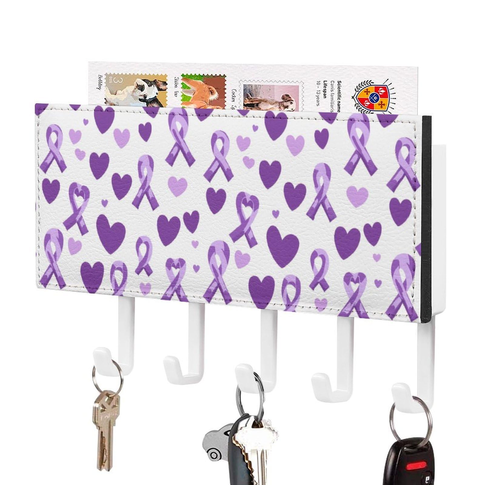 NCLQVJXZKHW Alzheimer Cancer Awareness Ribbons Key Holder with 5 Hooks Key Hooks Wall Mounted Key Racks Key Hanger Organiser Shelf
