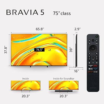 Sony BRAVIA 5 75 Inch TV, Mini LED, 4K Smart Google TV, XR Processor with AI Technology,120hz Television with Dolby Vision/Atmos, Exclusive Features for PlayStation5, K-75XR50