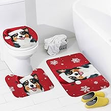 Merry Chrismas Dog Bathroom Rug Set Australian Shepherd Wearing A Red Hat Toilet Rug Set 3 Piece Absorbent Microfiber Memory Foam Bath Mat Sets Decorations 20"x32"