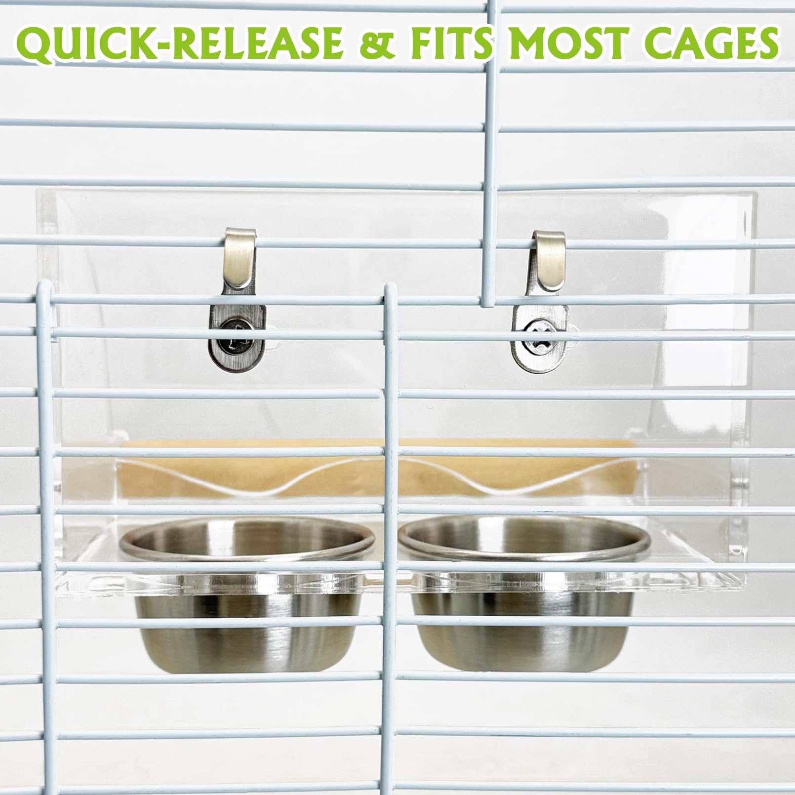BNOSDM Bird Feeder for Cage with Double Stainless Steel Food & Water Bowls Anti-Slip Wood Perch Stand with No Mess Acrylic Seed Catcher for Parrot, Budgie, Parakeet, Lovebird, Canary, Finch (Hook) - image 5