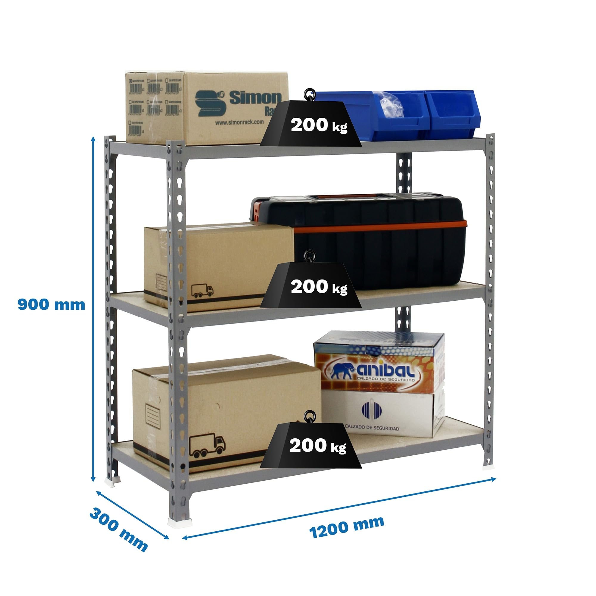 Simon Rack Scaffale Metallo Garage, 3 Ripiani Legno, 200 kg di Punto di Flessione, 900x1200x300 mm, Scaffale Garage, Senza Viti, Zincato/Legno - Maderclick