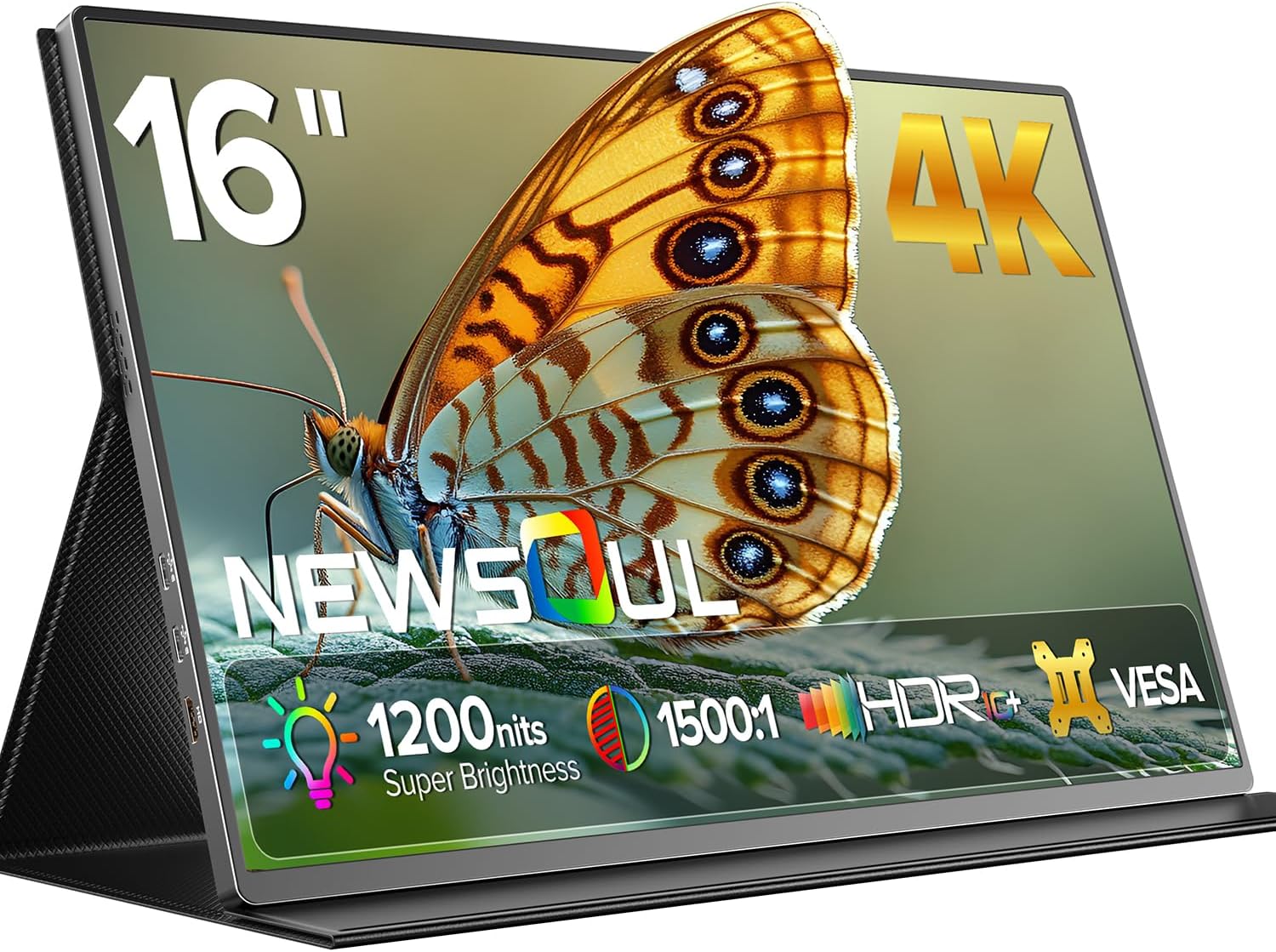 Newsoul 4K Portable Monitor, 3840 * 2400 UHD 16" Gaming Monitor 1200Nits 1500:1 100% sRGB IPS FreeSync Laptop Monitor with VESA & Cover Built-in USB-C HDMI Portable Screen for Phone Game Console