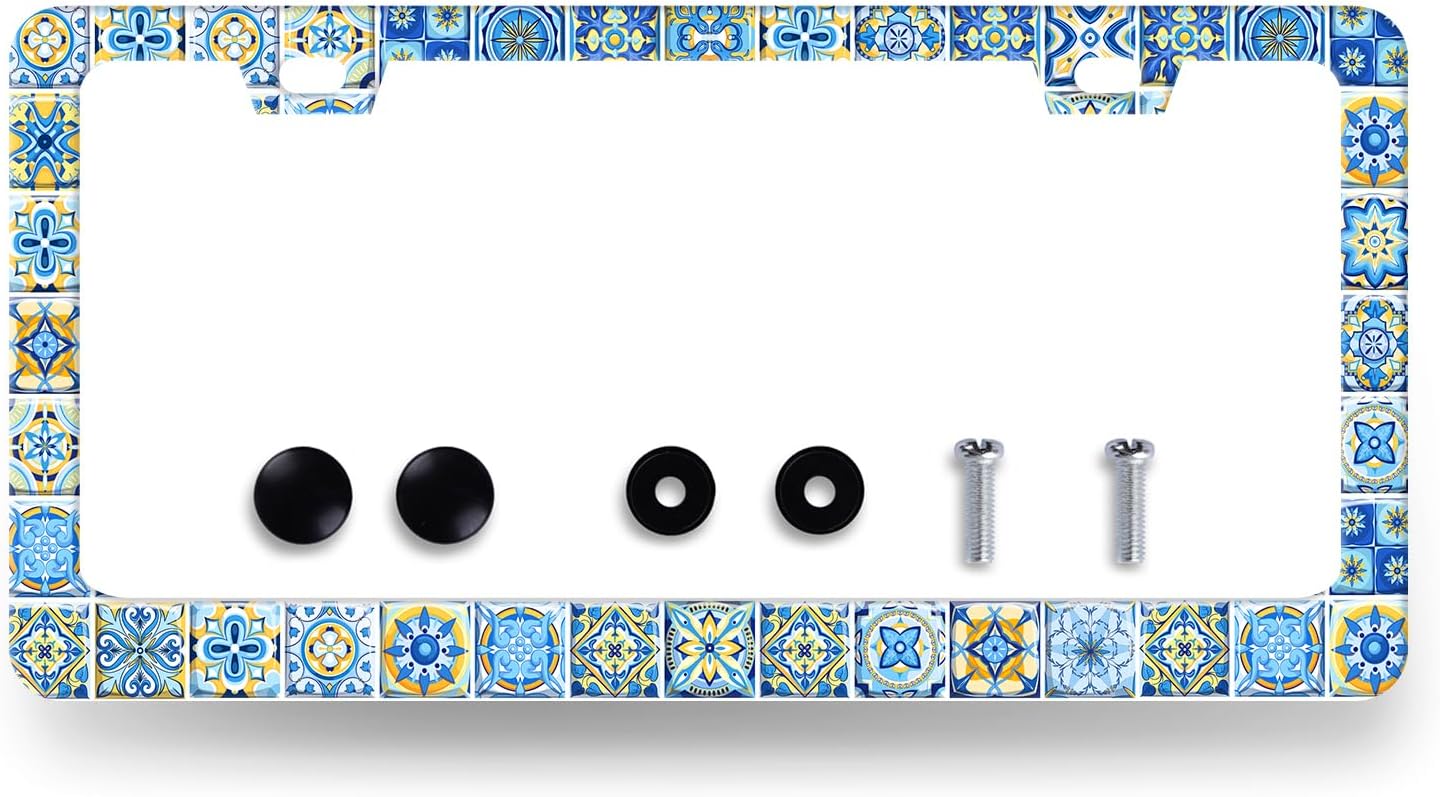 Stainless Steel Blue White Mexican Tiles License Plate Frame 12.2 x 6.2Inch
