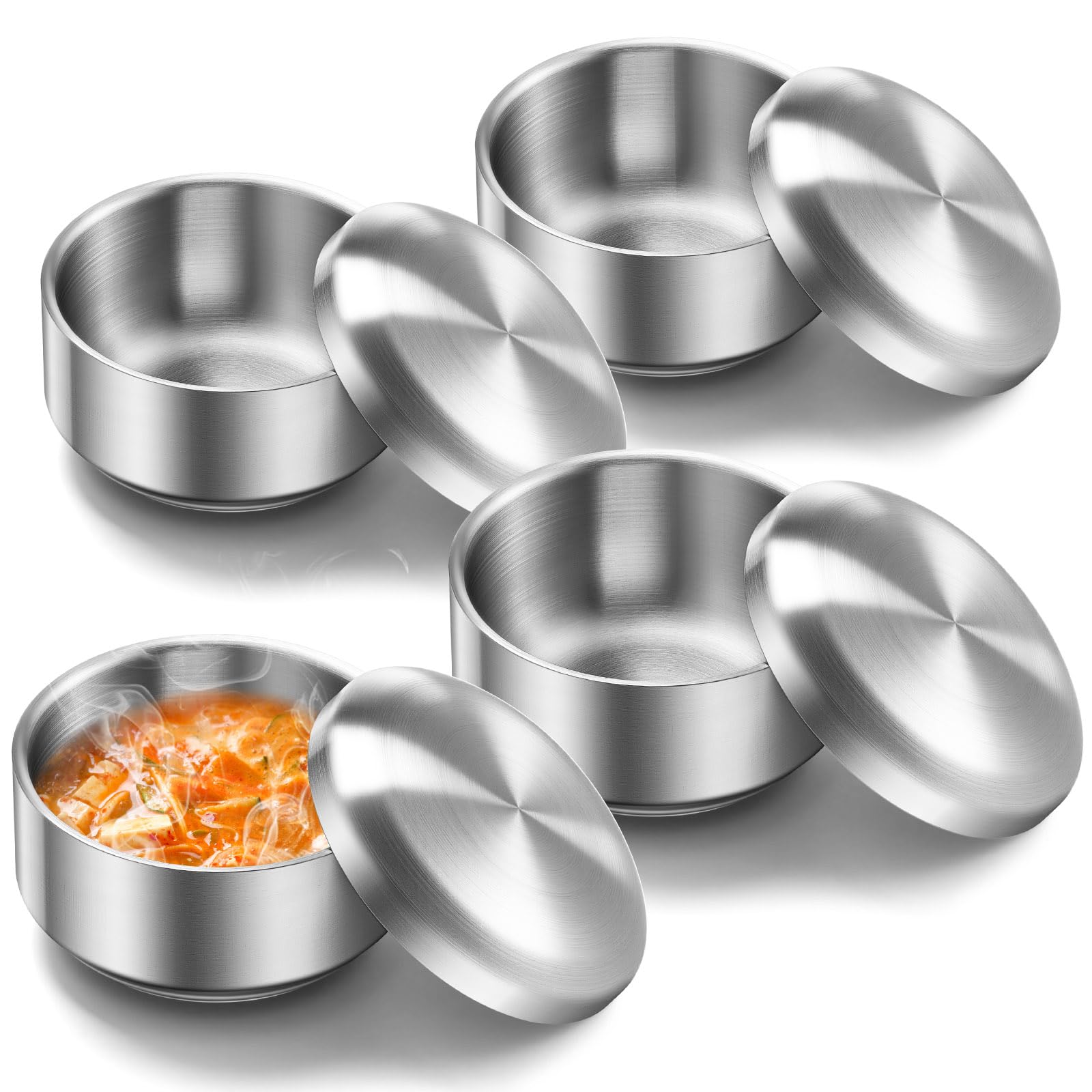 Reallnaive Juego de 4 cuencos de arroz de acero inoxidable con tapa para cocina coreana, restaurante, doble pared, cuencos de metal antiquemaduras para sopa, ensalada, fideos