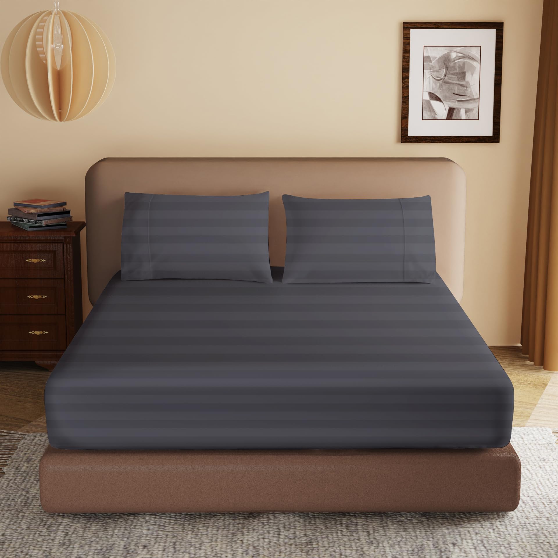 100% Egyptian Cotton Fitted Sheet King Size, 600 Thread Count, Single Fitted Sheet Only,8”-16" Deep Pocket Sheet, Soft & Elastic Sateen Weave Bottom Sheet for Home(Dark Grey-Stripe, King)