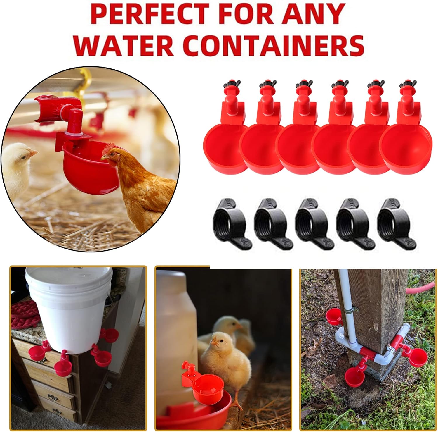 Chicken Water Cup Waterer for Poultry, 3/8 in Automatic Filling Waterer Poultry Drinking Bowl Chicken Water Feeder, Automatic Poultry Drinking Bowl for Duck Turkey Rabbit Geese Farm (24)