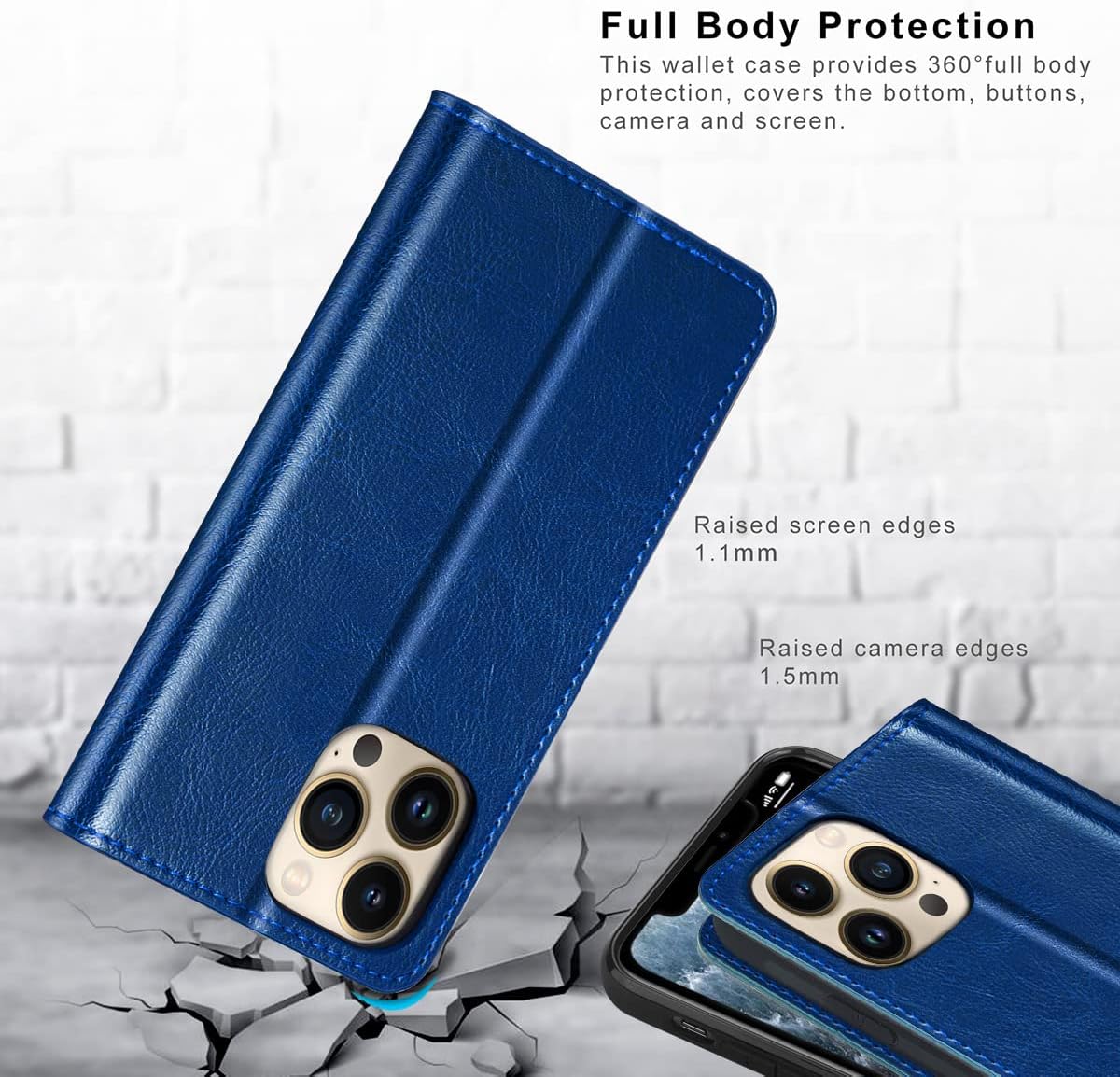 Belemay Compatible with iPhone 15 Pro Case Wallet-Genuine Leather-RFID Blocking Card Holders-Shockproof TPU Shell-Kickstand-Durable Flip Cover-Book Folding Phone Case Women Men (6.1-inch) Blue