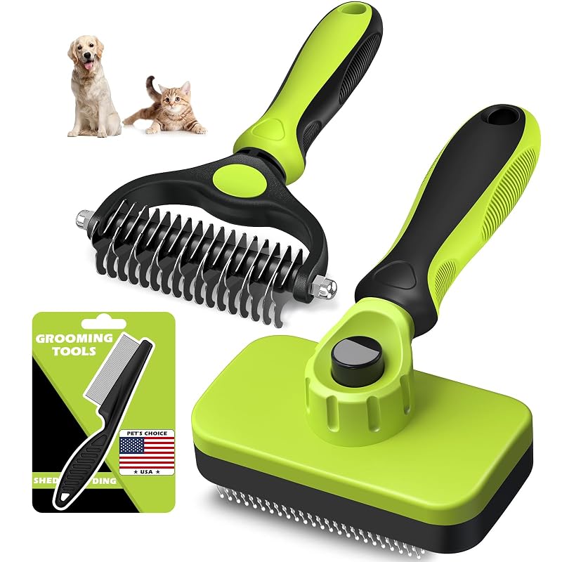 Kit de Higiene e Tosa Augwind com Rastelo Desembaraçador, Escova Autolimpante e Pente para Cães, Gatos e Cavalos, Verde, Pacote com 3