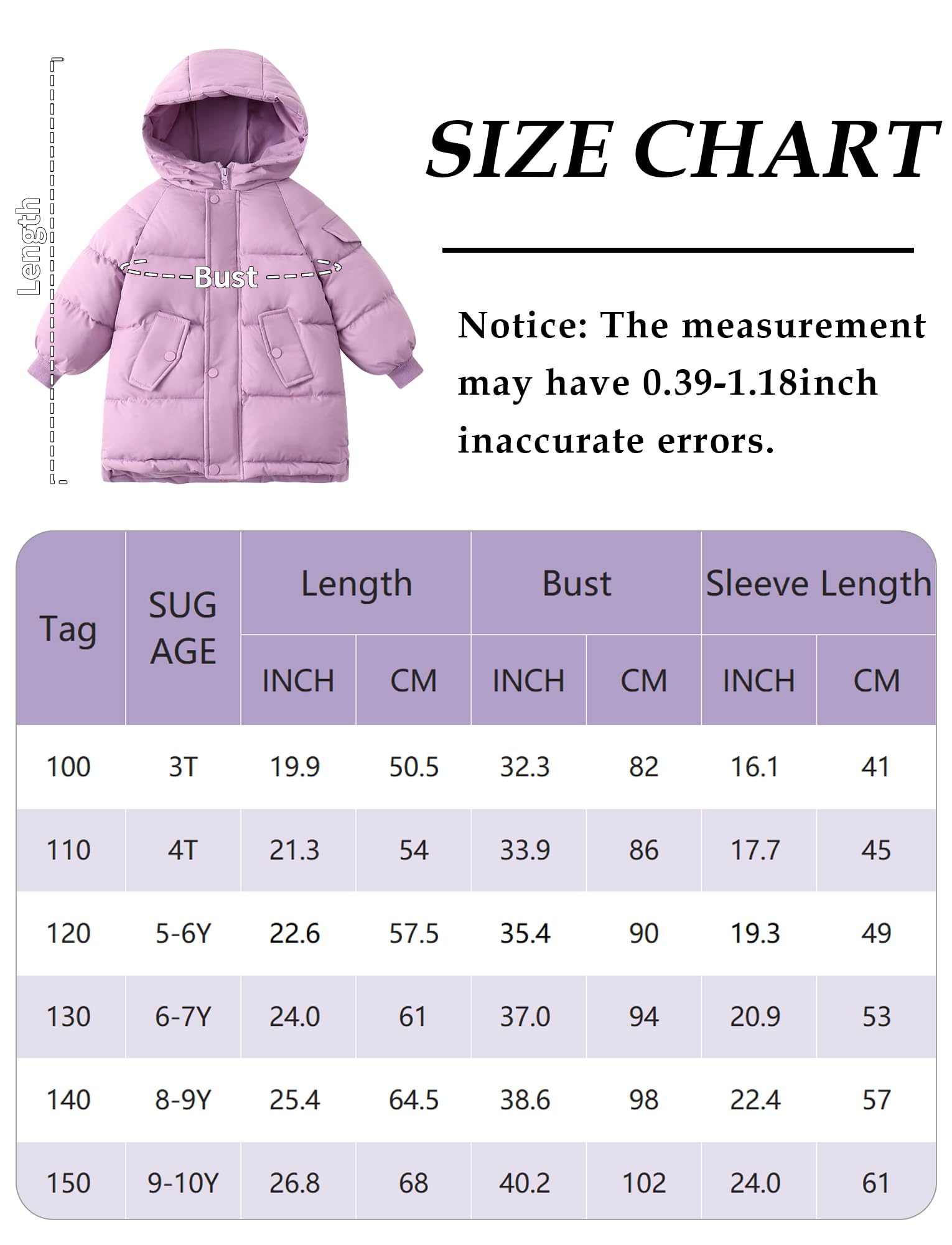 Maeau Giacca invernale trapuntata per bambini e bambine, leggera, media lunghezza, in cotone di piuma, imbottita, calda, morbida e confortevole, 3-10 anni/100-150 cm