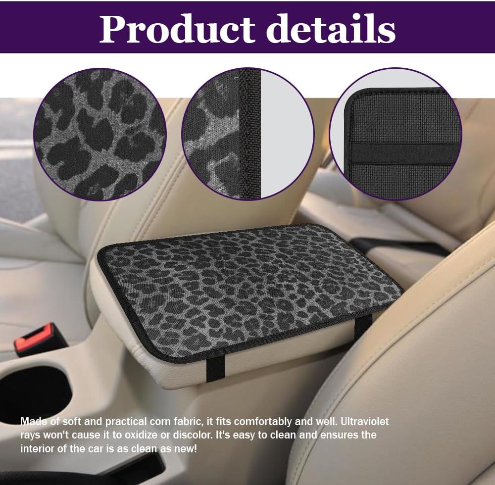 Leopard Cheetah Print African Animal Hunting Auto Center Console Armrest Pad, Car Center Console Cover, Car Armrest Cover Cushion, Auto Accessories Fit for Vehicles (Black Leopard)