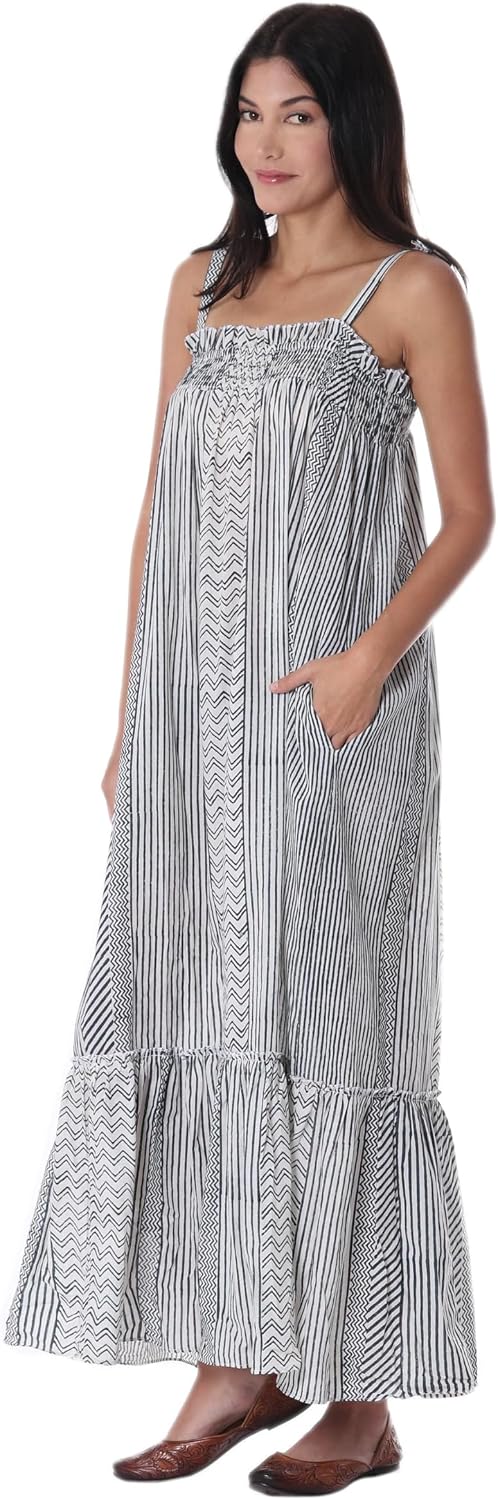 NOVICA Handmade Cotton Sundress Black White from India Clothing Printed 'Mumbai Designs'