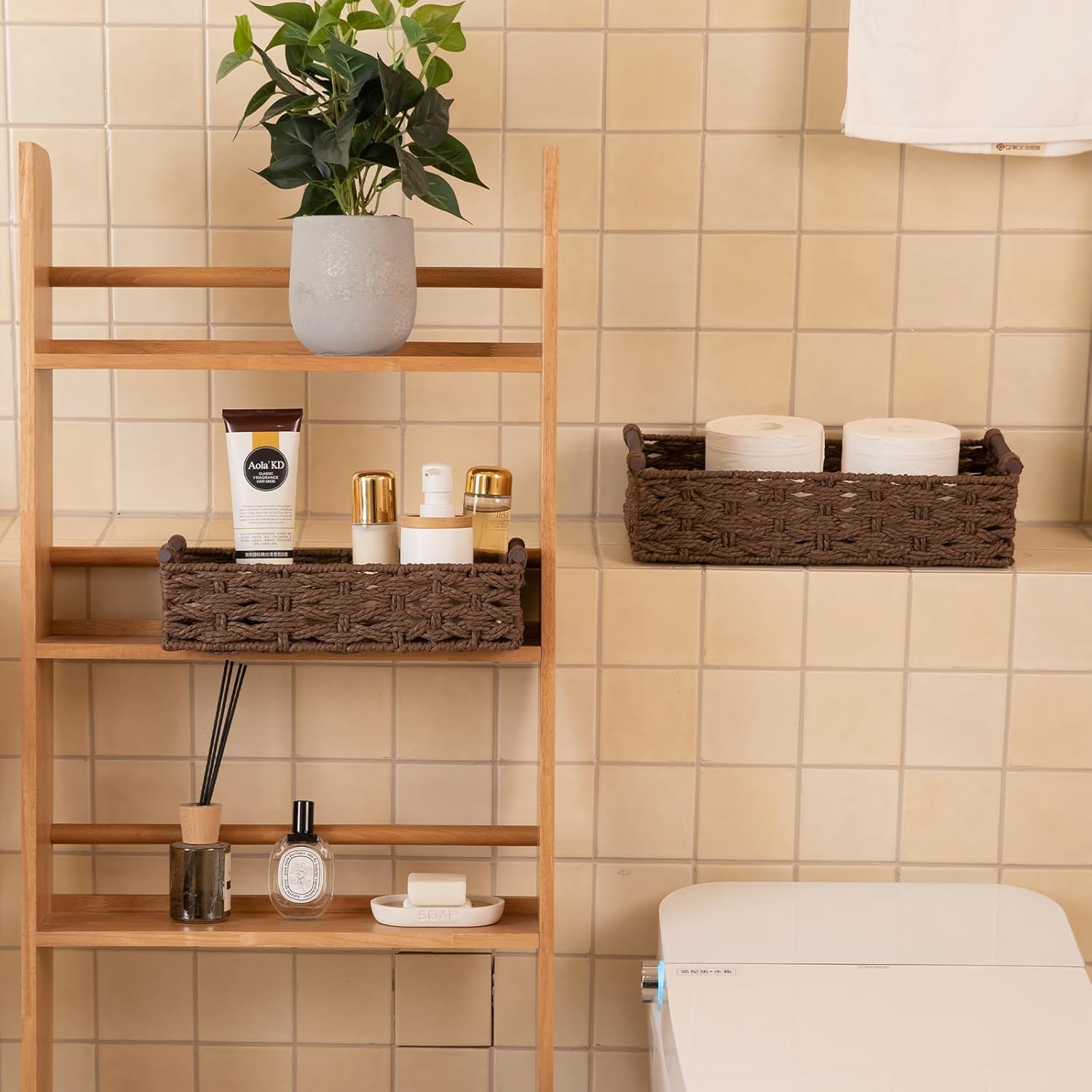 OIAHOMY Toilet Paper Baskets Handmade Paper Rope Decorative Wicker Storage Tank Shelf Cabinet Organizer for Bathroom Home, Set of 2, Brown