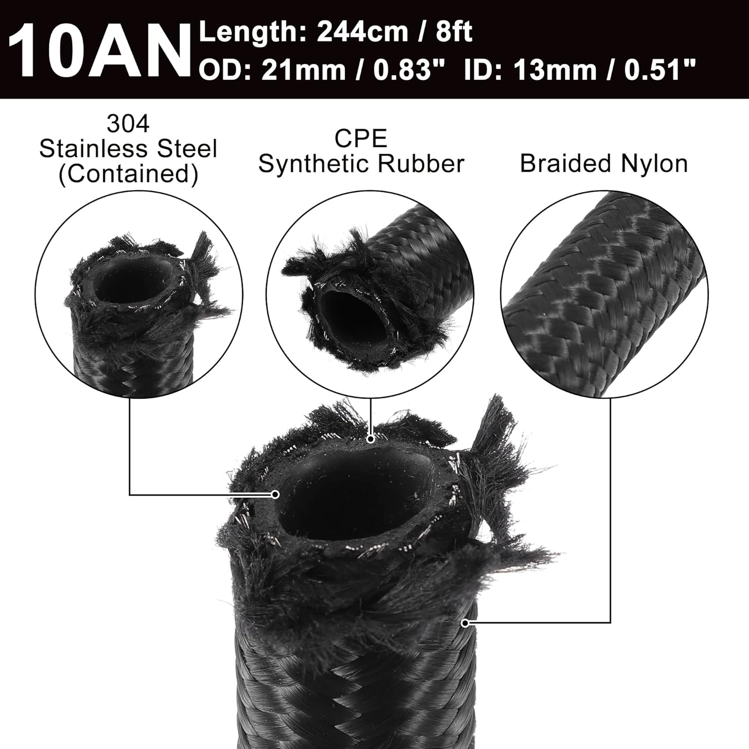 X AUTOHAUX 8ft 10AN Fuel Hose AN10 Universal Car Braided Nylon Stainless Steel CPE Oil Fuel Gas Line Hose Black