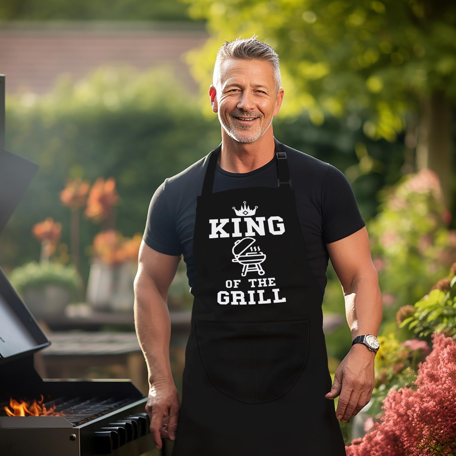 LINEN CLOSET® King of the Grill Apron for Men Funny Aprons Professional Bbq Aprons Kitchen Cooking Gift Apron with 2 Front Pockets-King of the Grill - Image 4