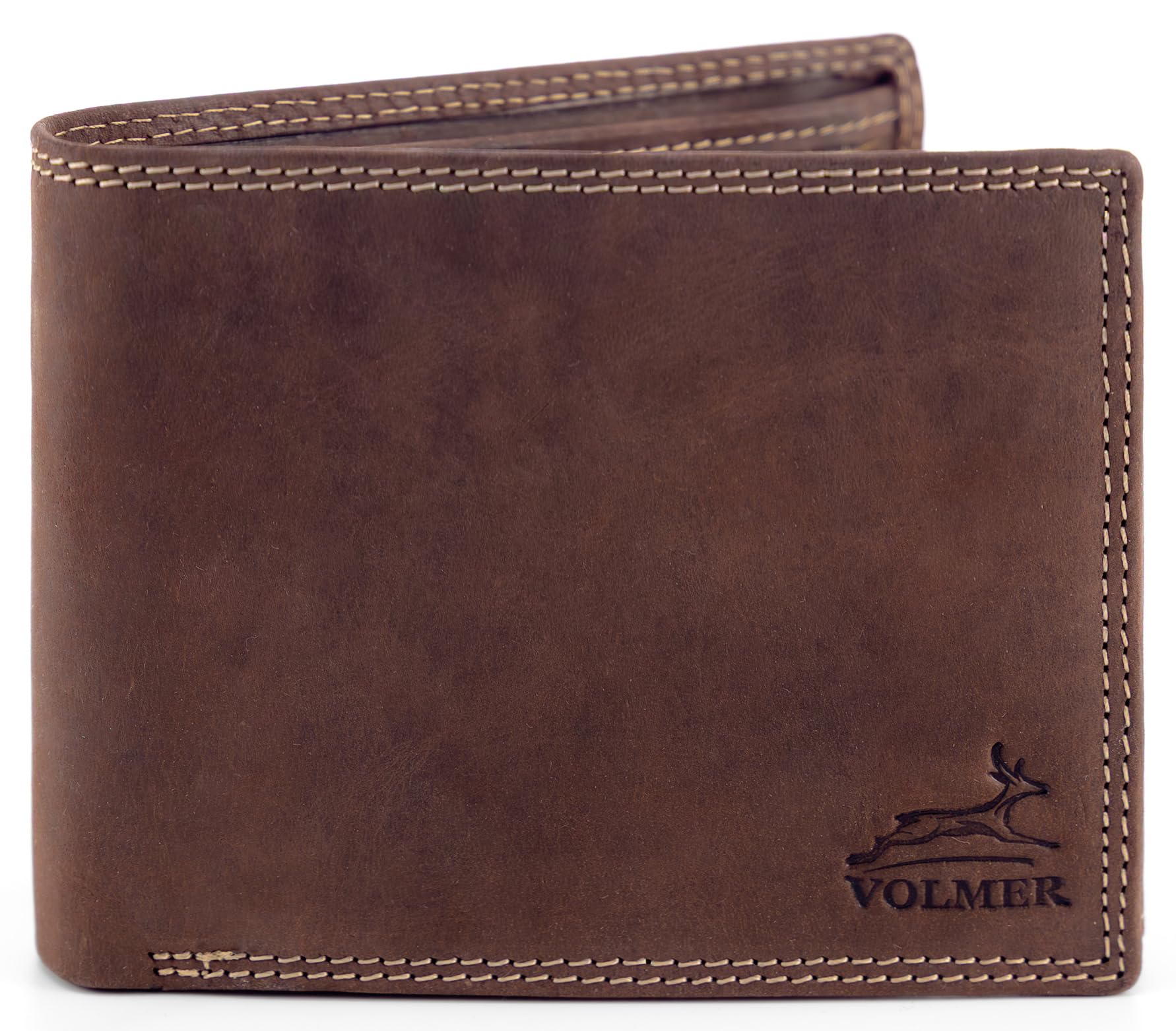 Fa.Volmer ® Portafoglio da uomo in pelle con protezione RFID - pelle di bufalo oliata, doppia cucitura extra robusta, look vintage - 10 scomparti per carte di credito - VO13 marrone