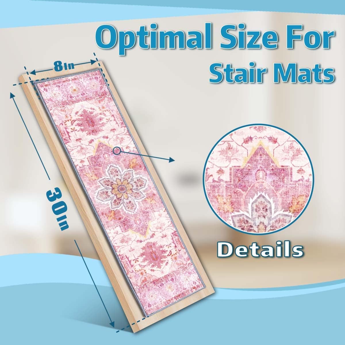 Non-Backed Membrane Stair Tread Mats, ‘8x30 Inches’ Edge Stair Tread Non-Slip Carpet Rugs, Silent Tread Mats, Wooden Steps Indoor Stair Rugs, Stair Decorative Carpets (Pink, 15pcs)