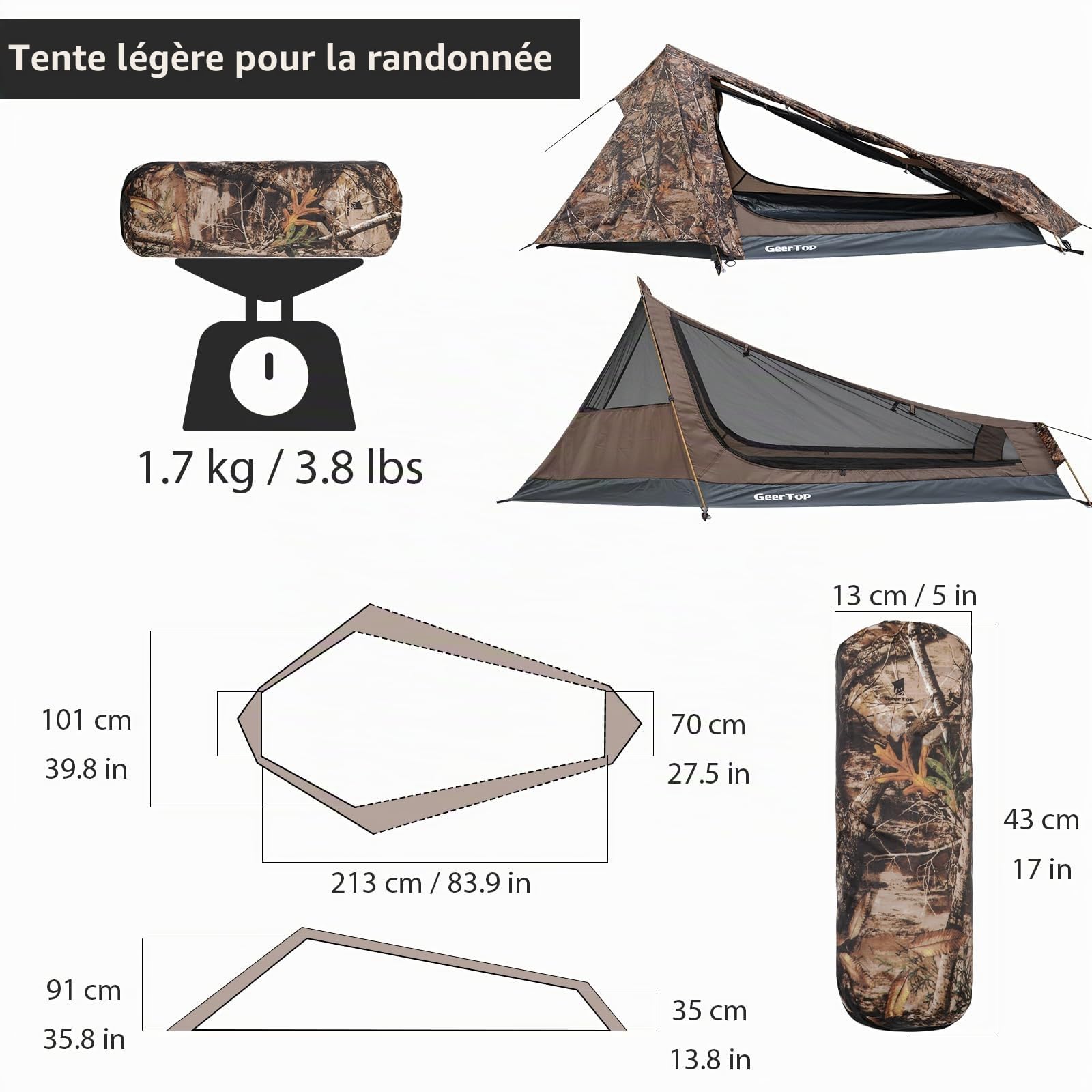 GEERTOP Tente de Randonnée Ultra Légère 1 Personne 3-4 Saison pour Camping Trekking d’Extérieur
