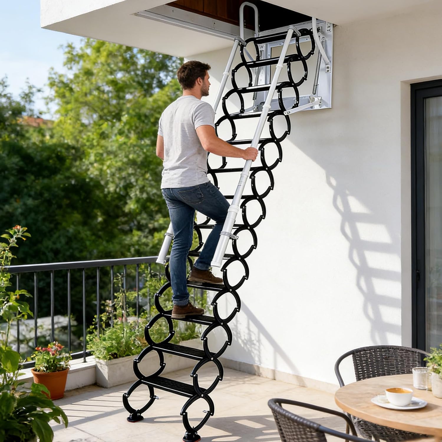 Wall-Mounted Folding Stairs, Folding Loft Staircase with Handrails,Telescoping Attic Ladder with Pull Down System, 10 Steps Attic Stairs, Home Indoor Outdoor Attic (Black, 10 Steps)