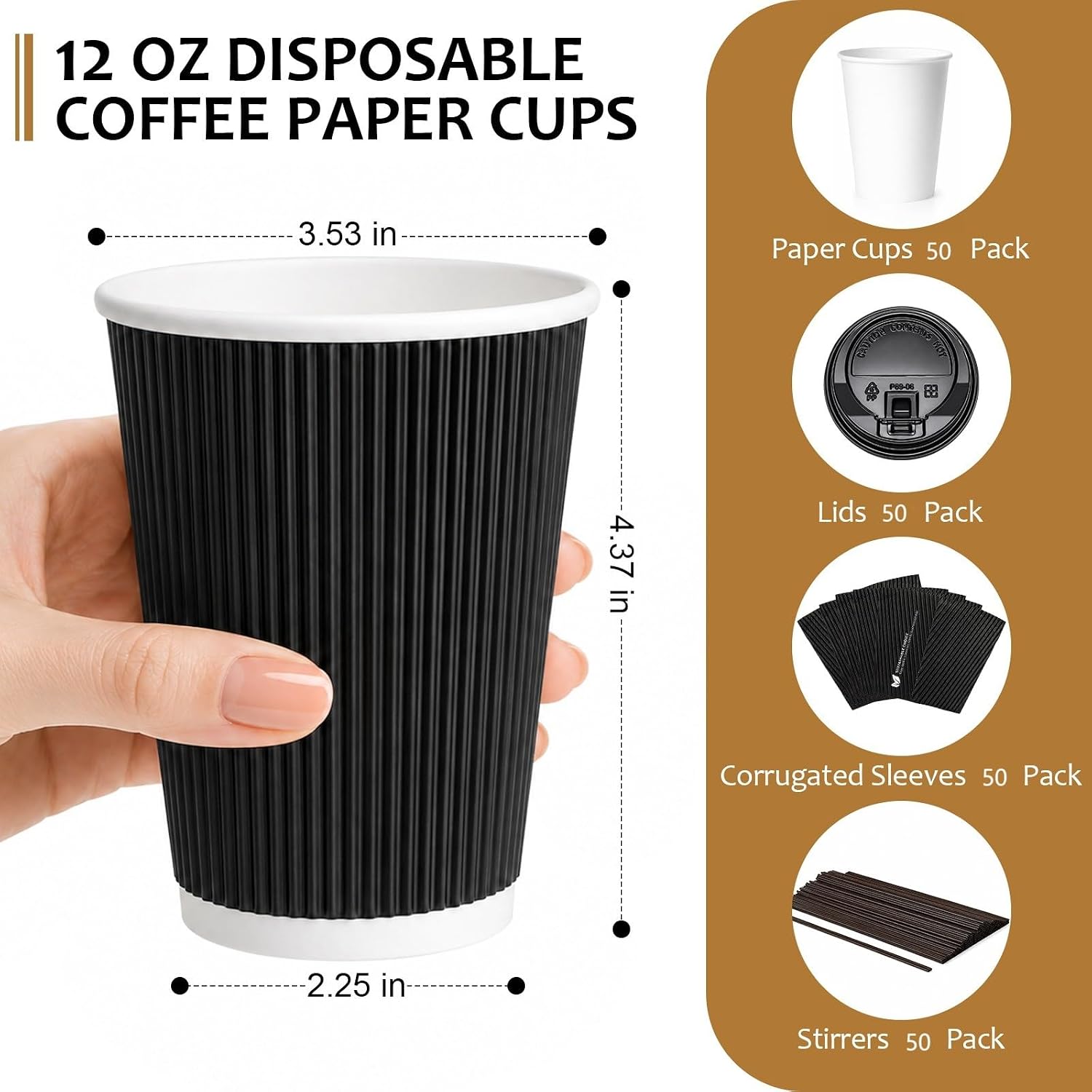 50 Pack 12 oz Disposable Coffee Cups with Lids and Straws, Insulated To Go Paper Coffee Cups with Detachable Corrugated Sleeves, Hot/Cold Drink Cups for Office, Travel, Coffee Bar（Black Sleeves)