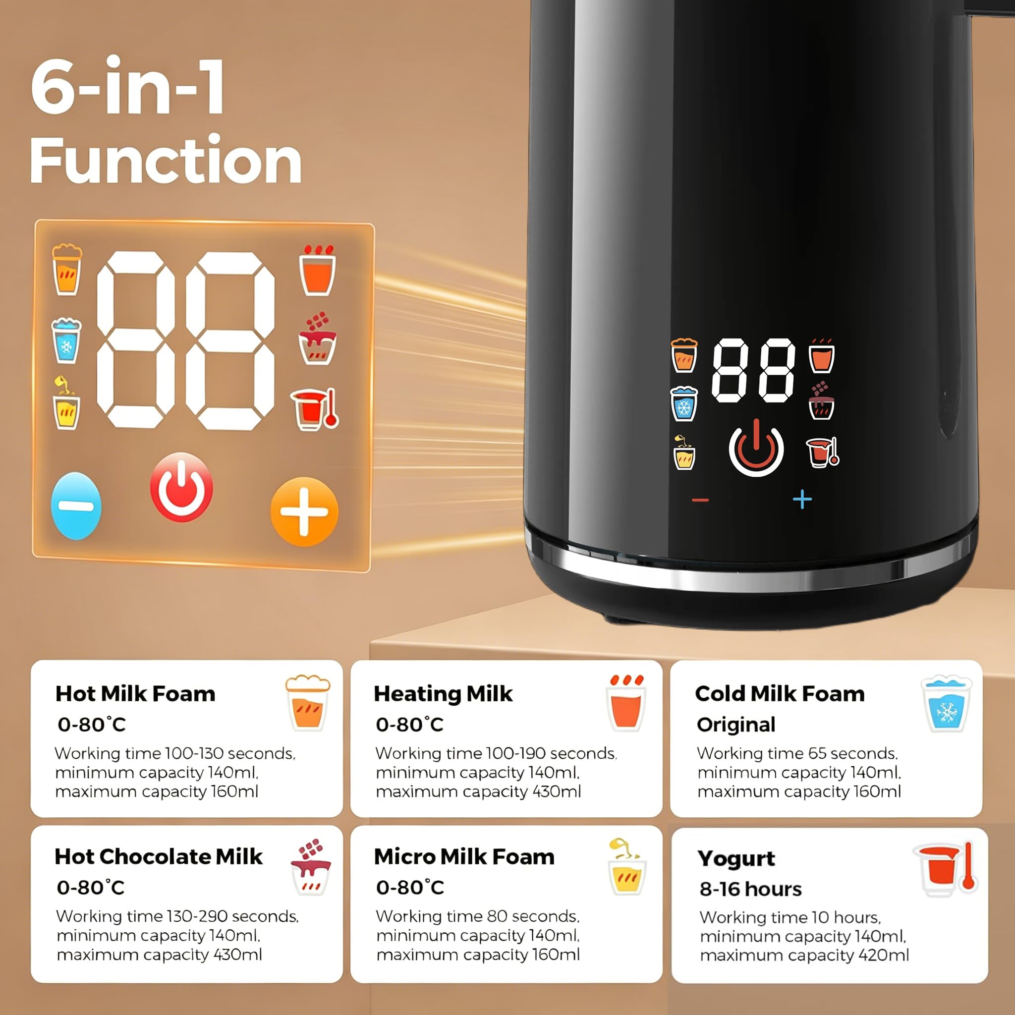 Espumador de Leche Automático Caliente Frío, 400W Magnético, Vaso 600ML Acero Inoxidable 304, 6-en-1 Multifunción, Autolimpiable para Latte Cappuccino Chocolate Caliente Yogurt