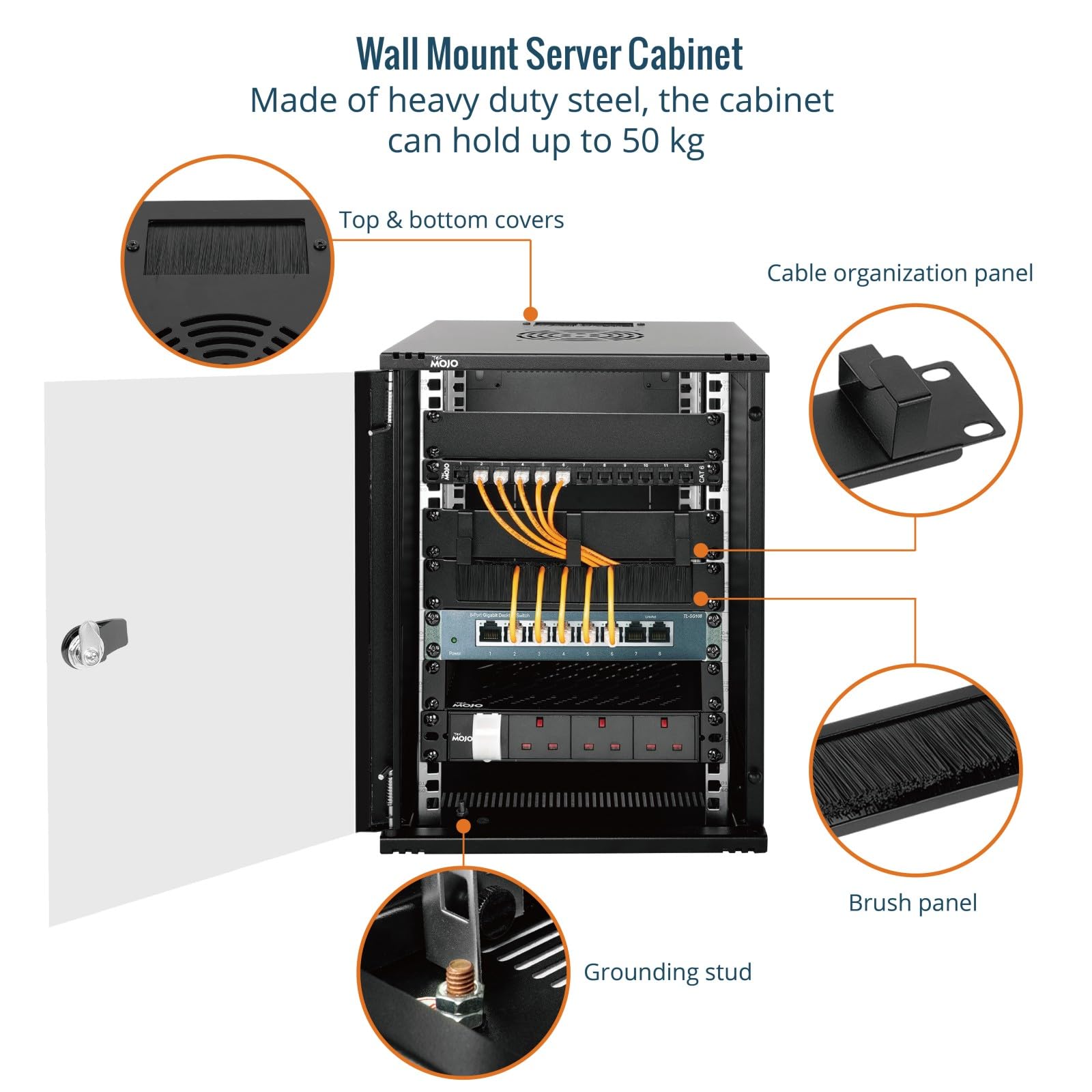 Tecmojo 10 Pulgadas 12U Gabinete de Red para Montaje en Pared, 330mm de Profundidad, con Estante para Rack, Paneles de Cepillos, Organizador de Cables, 50kg, Puerta de Cristal, Negro