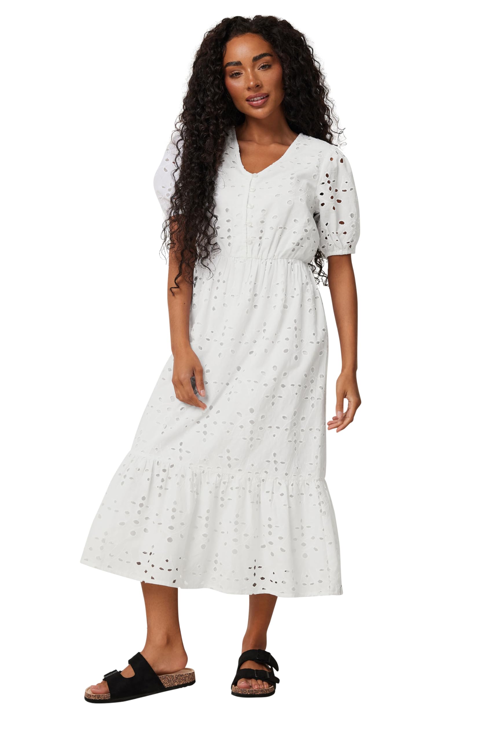M&Co Women's White Petites Petite Cotton Broderie Tiered Dress Size 12
