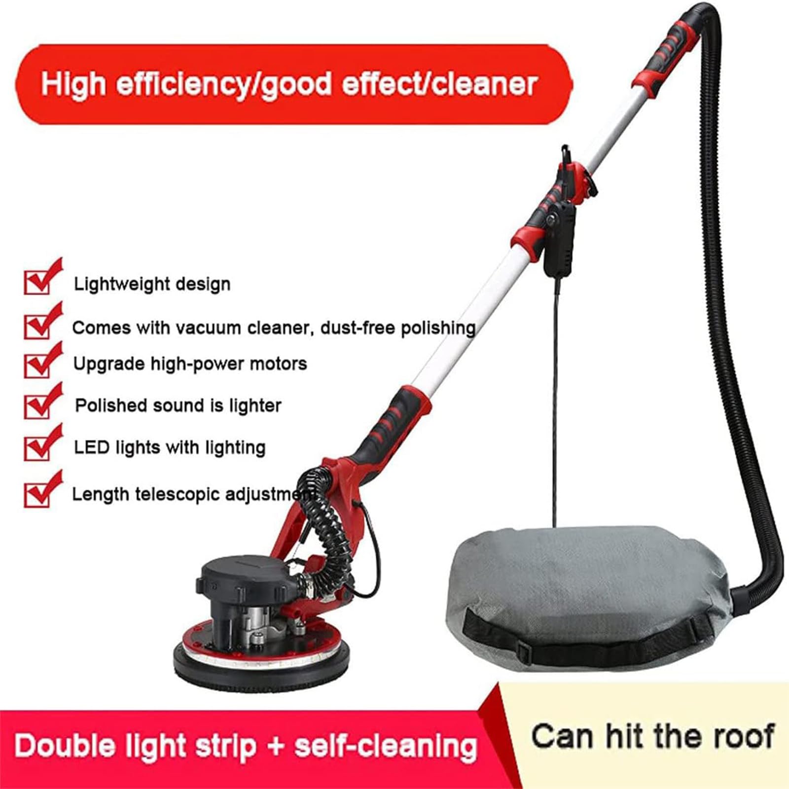 Levigatrice elettrica per cartongesso con vuoto, levigatrice senza polvere, 900-1200 giri/min, levigatrice a soffitto con tubo estensibile per cartongesso, soffitto, parete, pavimento