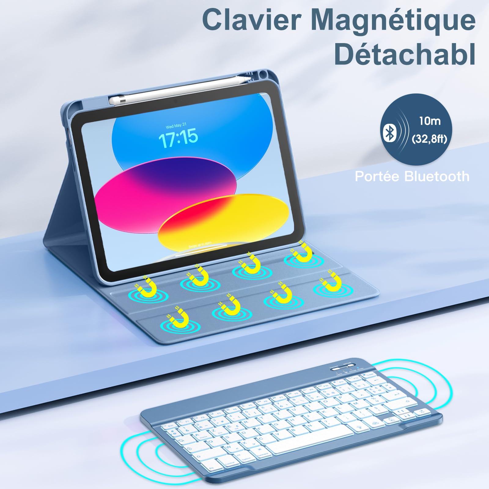 Vobafe Coque Clavier pour iPad A16 11/10 Ème Generation (11 Pouces 2025/10.9 Pouces 2022), Étui Keyboard 7 Couleurs Rétroéclairées avec Porte Crayon, AZERTY Layout pour iPad 10eme/11eme, Bleu