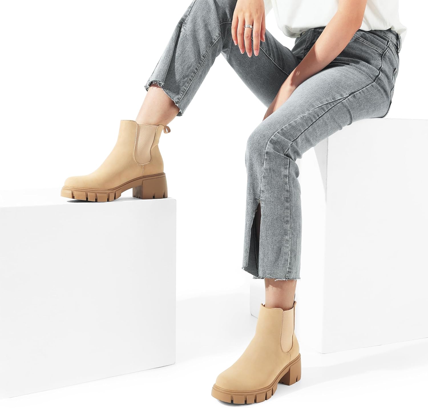 DREAM PAIRS Women's Elastic Chelsea Ankle Boots Platform Low Chunky Block Heel Lug Sole Slip on Fall Heeled Booties Shoes - Image 6