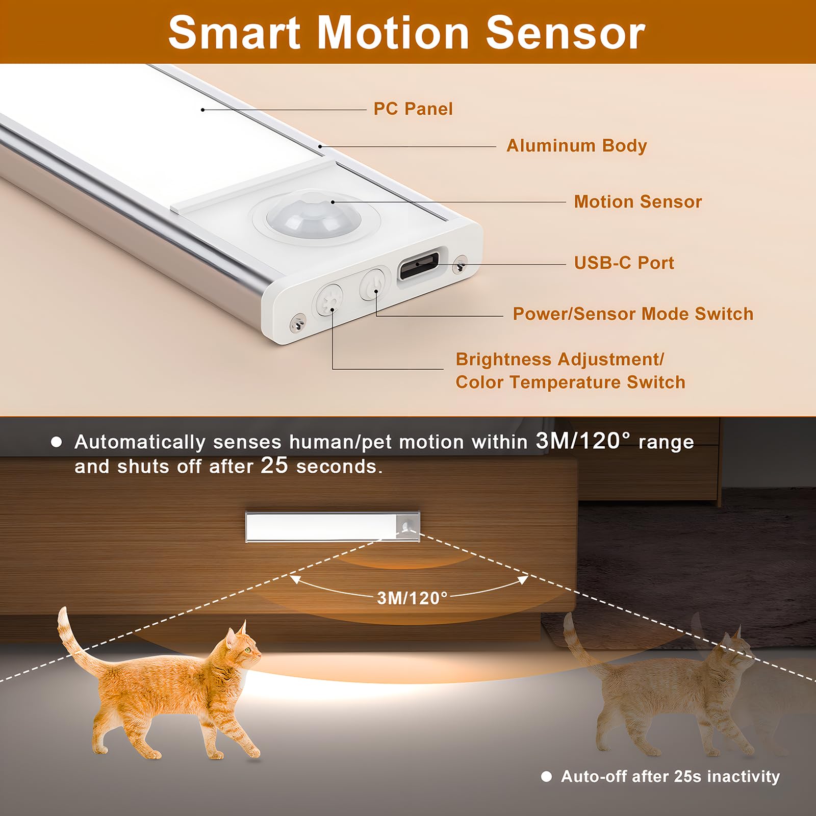 Exsight Under Cabinet Kitchen Lights, LED Motion Sensor Cupboard Light, 3 Color Temperature Stepless Dimming - Image 4