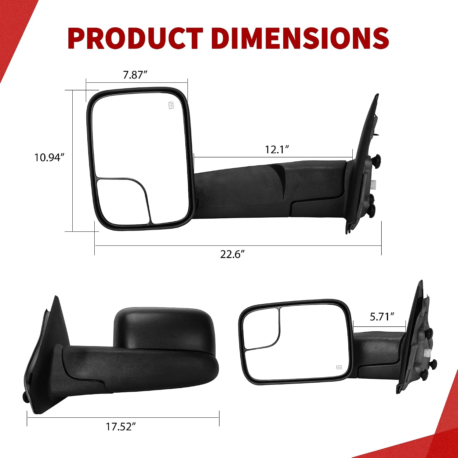 YITAMOTOR Towing Mirror Compatible with 2002-2008 Dodge Ram 1500 Ram 2500 3500 Left Driver Side Mirror Power Heated Dual Lenses Flip-Up Manual Folding