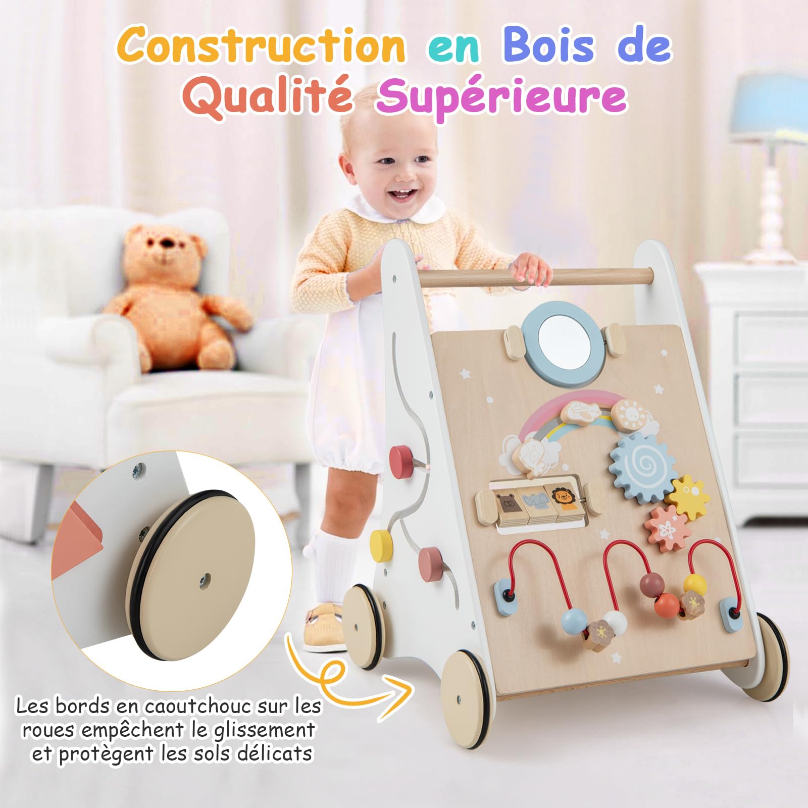 COSTWAY Chariot de Marche Bébé en Bois avec 7 Activités Interactives | Boîte de Rangement Arrière, 4 Roues avec Caoutchouc, 3 Blocs, Jouet Sensoriel, Trotteur Montessori Bébé 12+ Mois