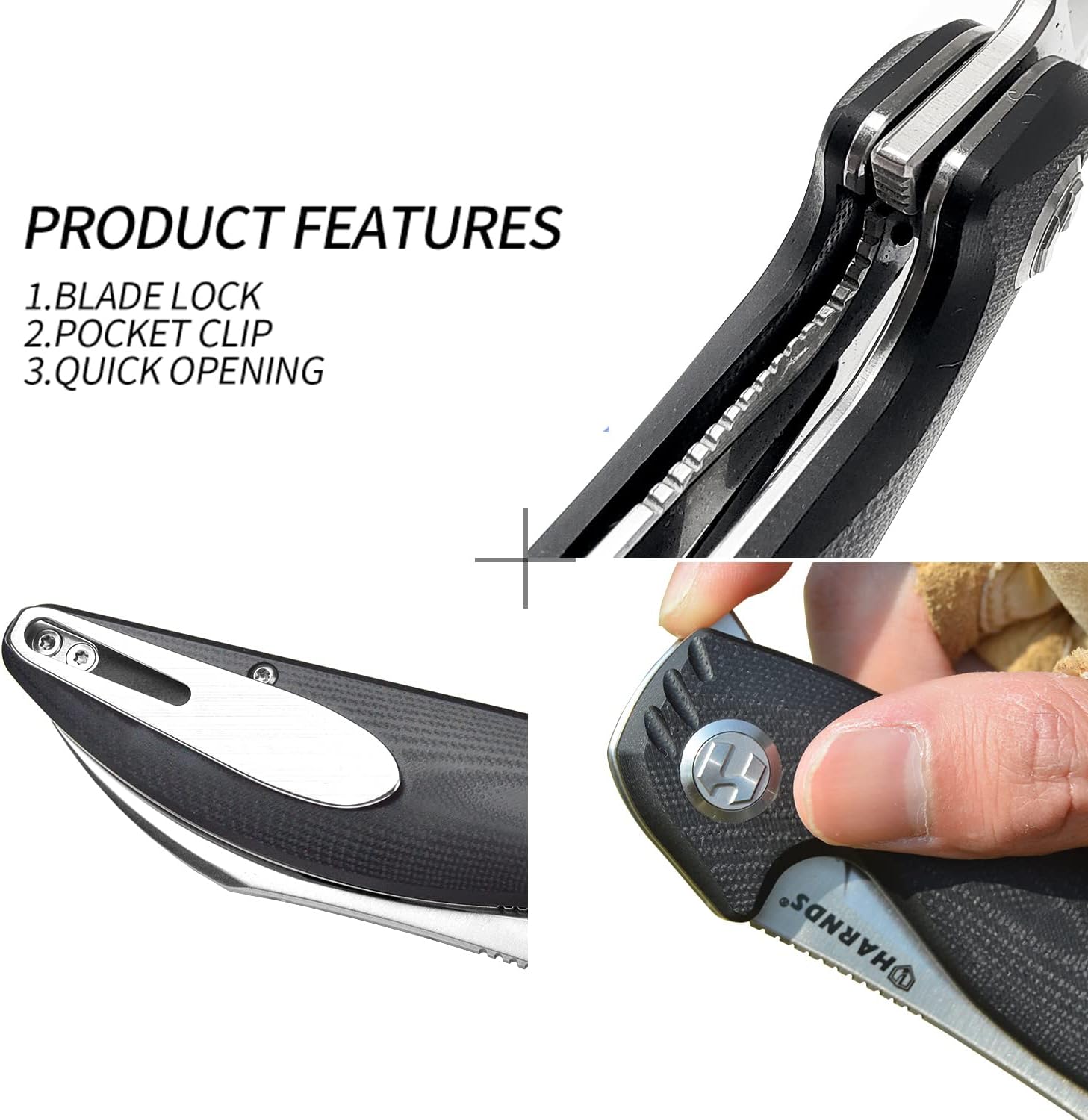 Harnds Parrot Folding Pocket Knife with Clip and Blade Lock, 8.4" EDC Folding Knife with Sweatproof G10 handle and 14C28N Stainless Blade (Black)