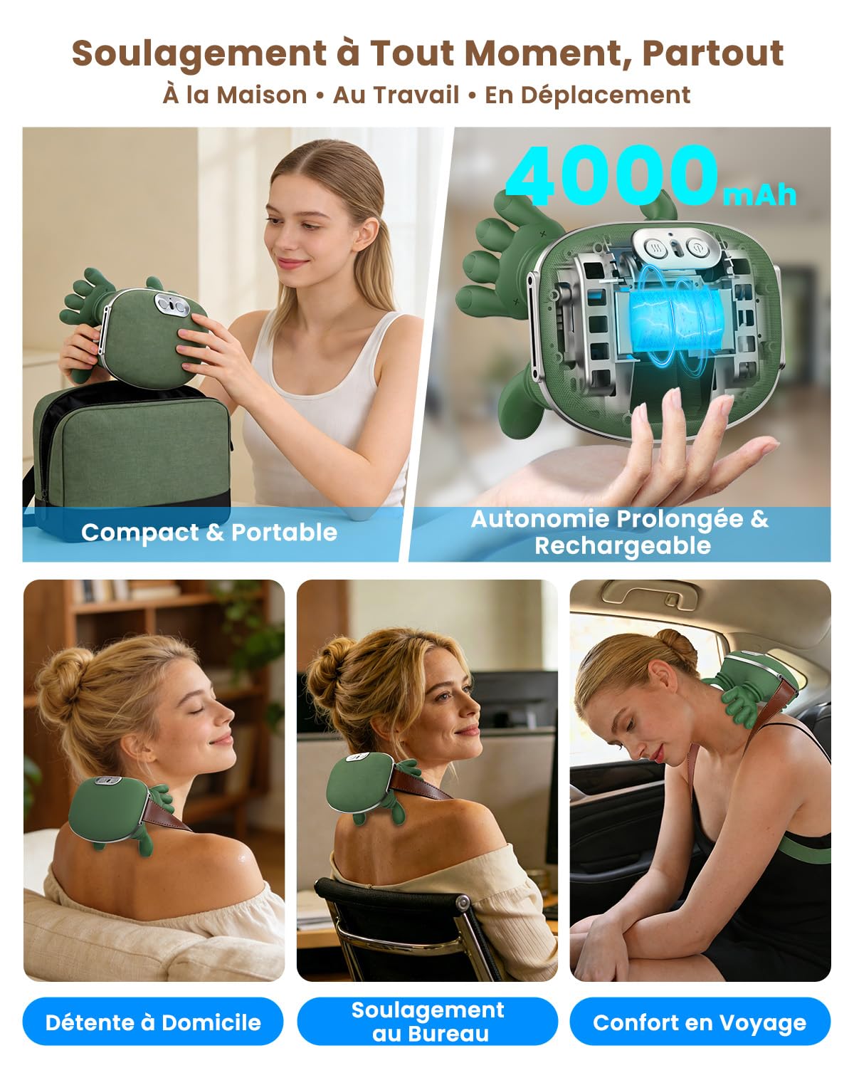 Masseur Cervical, 4D à Main Bionique Massage Cervicales et cou, Grande batterie 4000mAh, Masseur Dos et Cervicales Chauffant & 3 Niveaux d’Intensité, Massage Shiatsu Profond pour Soulager Douleurs