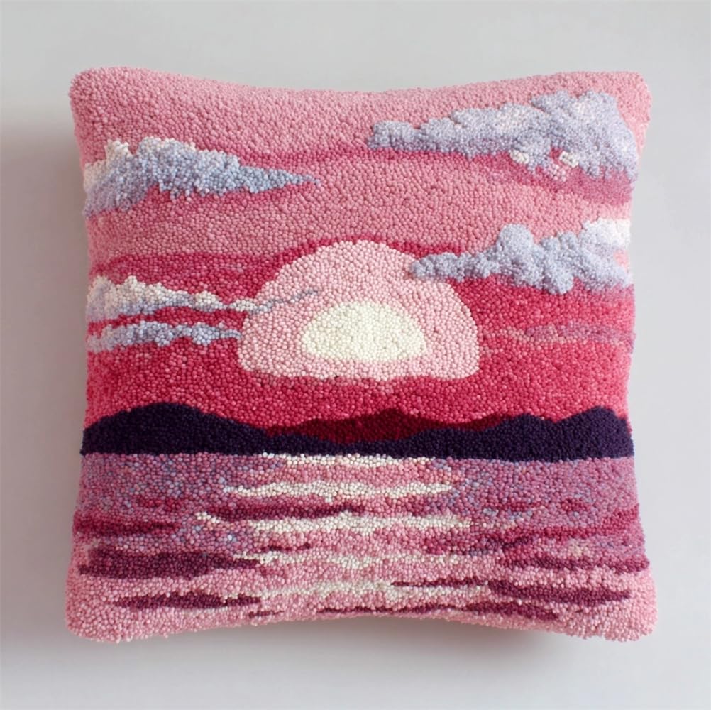 kitphoenix DIY Latch Hook Kits,Pink Sunset and Dolphins 17X17Inch Needlepoint Pillow Kit, Half Cross Stitch Kit, Embroidery Kit, Latch Hook Cushion Cover Hobby & Crafts
