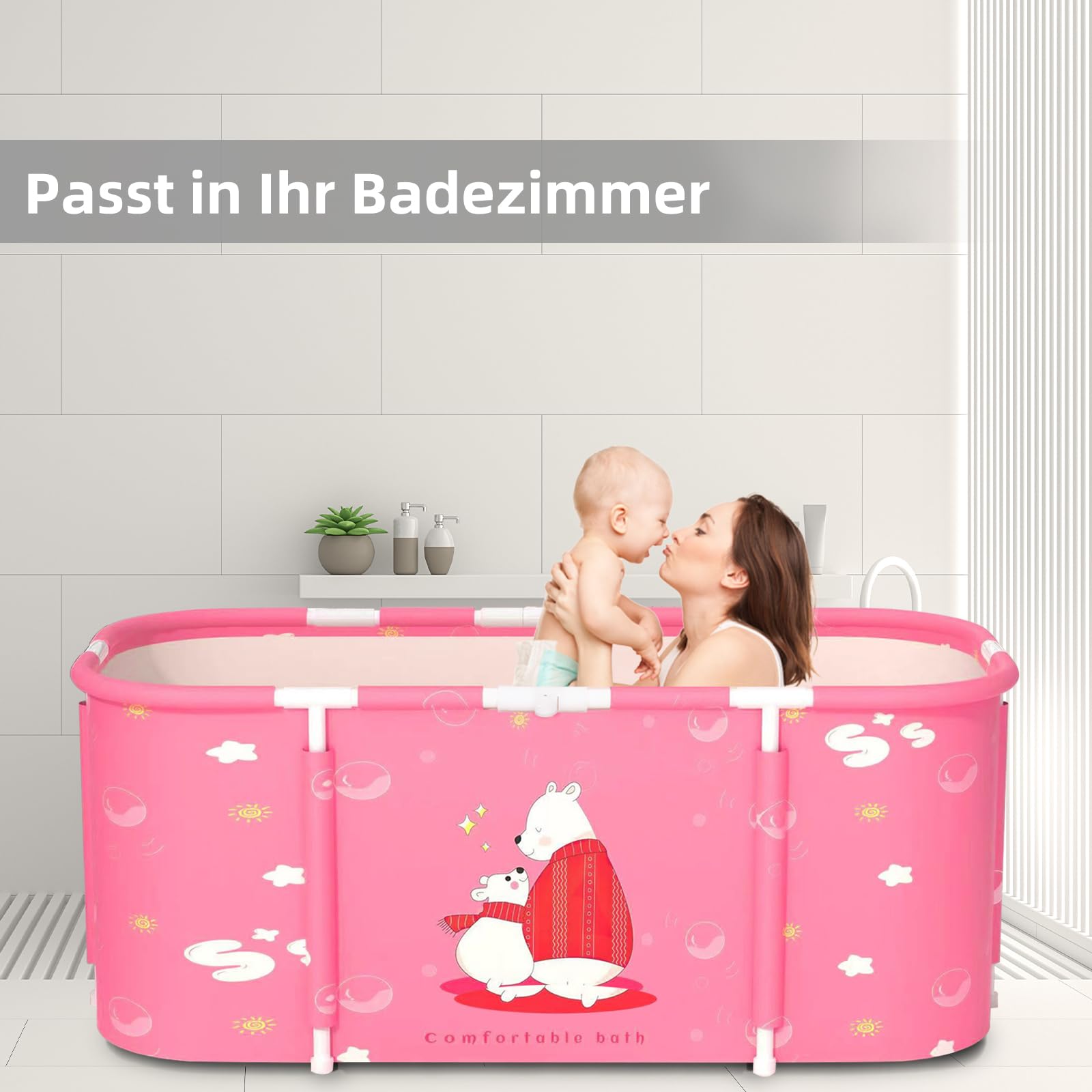Badewanne Zusammenklappbare Badewanne Ideale Familienbadewanne Gartenpool für Kinder Leicht zu montierender Toilettengurt Geeignet für Erwachsene und Kinder 115x60x50cm (LxBxH) (Rosa Bär)