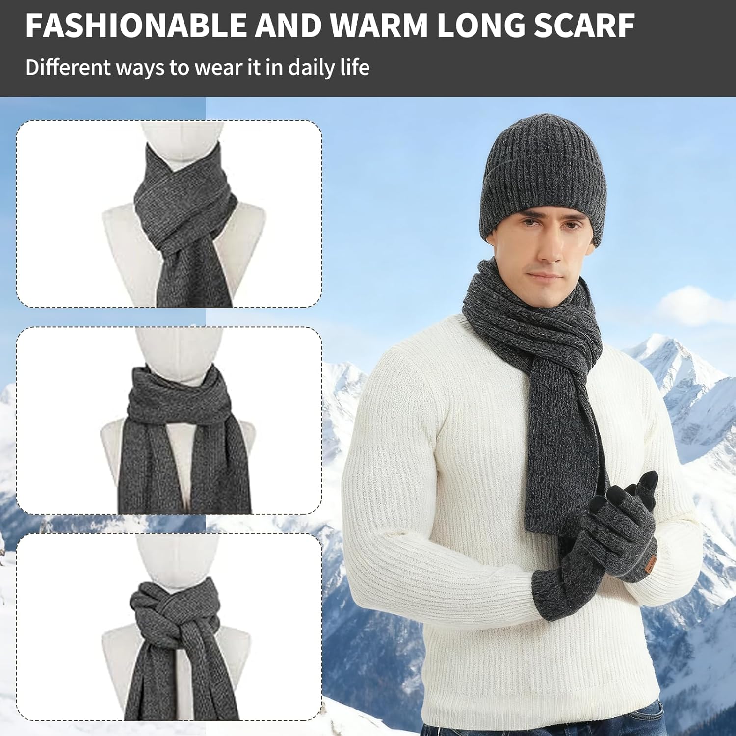 Mens Winter Beanie Hats Scarf for Men with Touchscreen Gloves, Warm Long Scaves Fleece Lined Hats Knit Gloves Set Gifts - Image 6