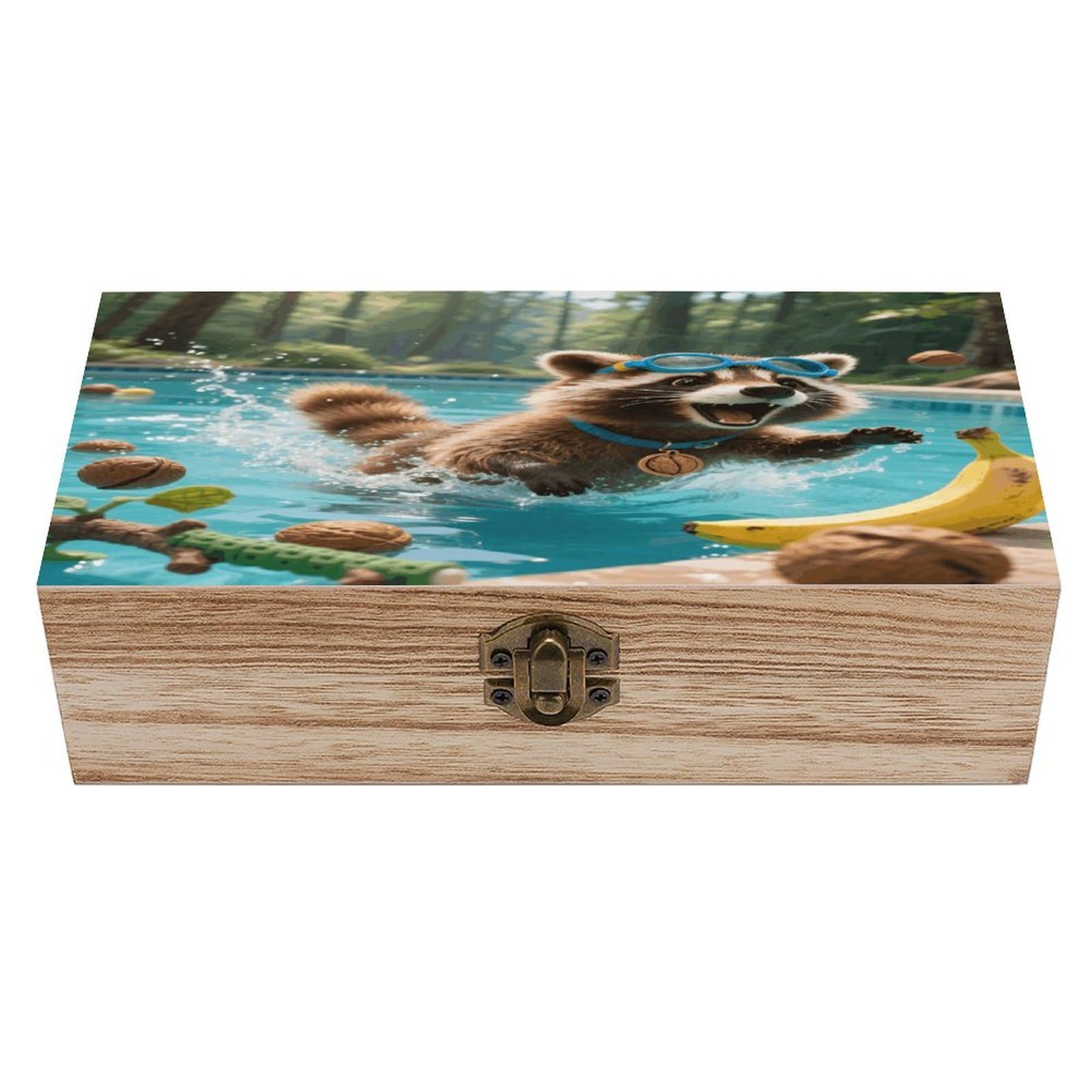 VstaDank Raccoon Pool Dash Wooden Storage Box Vintage Style Wooden Storage Case with A Hinged Lid Memory Treasure Boxes Decorative Jewelny Photos for Organizer 7.9 * 3.7 * 2.3 Inch