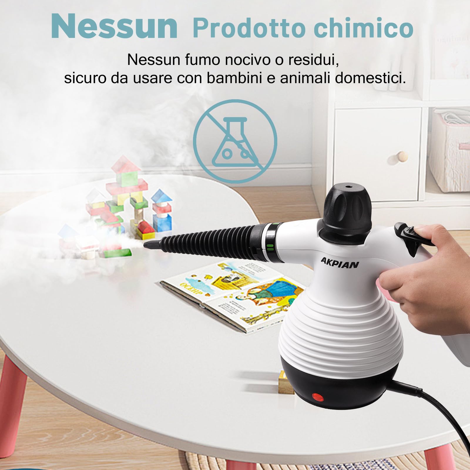 Pulitore a Vapore Manuale 1050W – Multifunzione con Set da 10 Accessori – Pulizia Senza Chimica per Fughe delle Piastrelle, Fornelli, Finestre, Vasca da Bagno, Box Doccia, Stracci e raccogli polvere