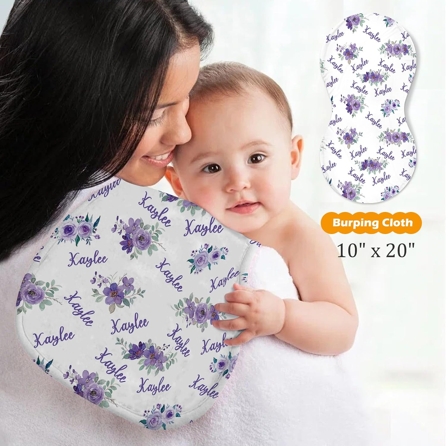 Custom Baby Nursing Swaddling Set: Personalized Custom Name Swaddle Blanket Car Seat Cover Bow Headband Hat Nursing Pillow for Infant Girl Boy Purple Blossom Pattern