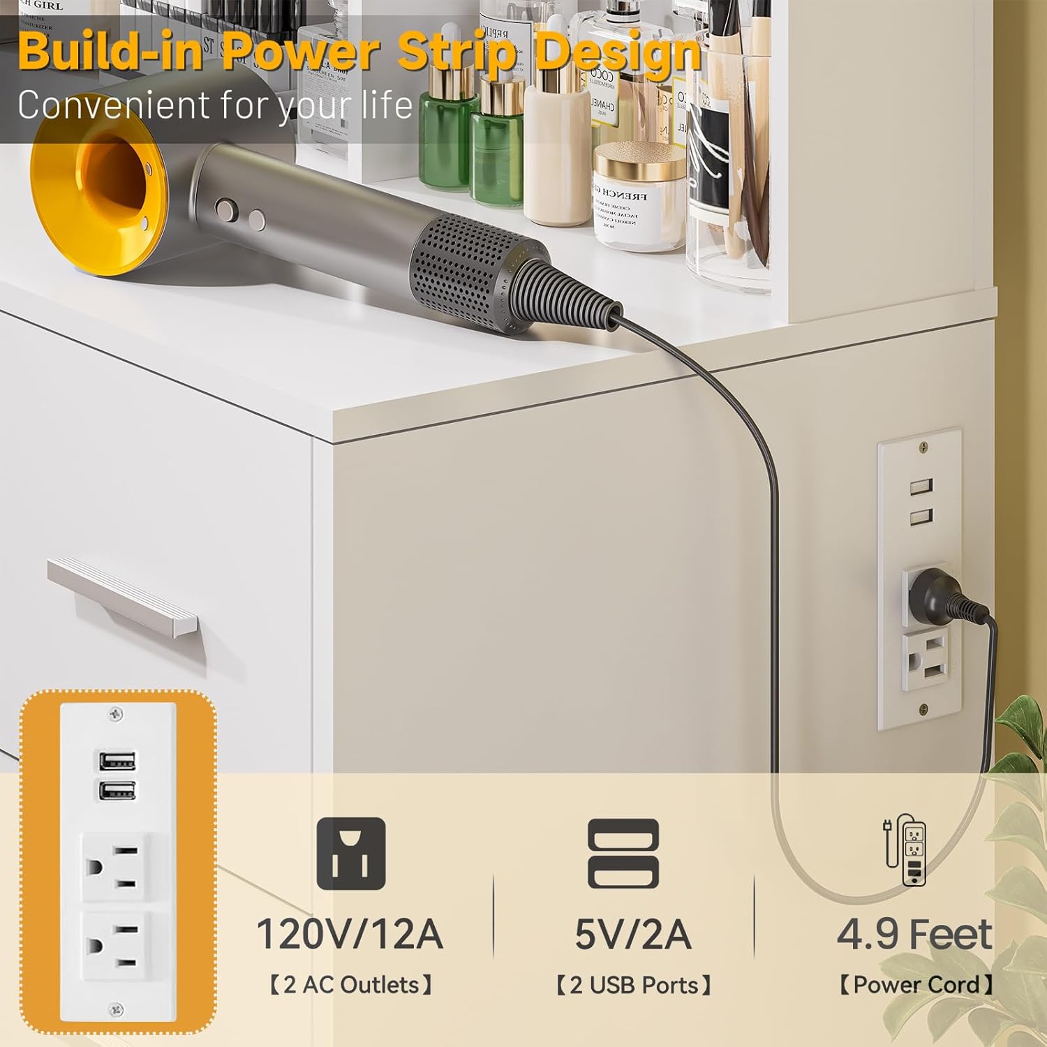 Vanity Desk with Lighted Mirror, White Vanity with 4 Drawers,Makeup Vanity with Storage Shelves and Power Outlet,10 Lights with 3 Color Modes Brightness Adjustable for Girls’ Bedroom (White)