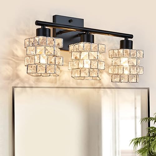 Miniatura 2 de Lámpara de tocador de baño de 3 luces, lámpara de cristal sobre el espejo, negro mate y luces de pared interiores giratorias de cristal  Pantalla